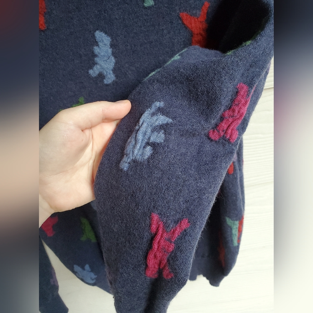 Bosco Fresh 100% Wool Multicolored Graphic Dino Pattern Navy Crewneck Sweater - Picture 13 of 14
